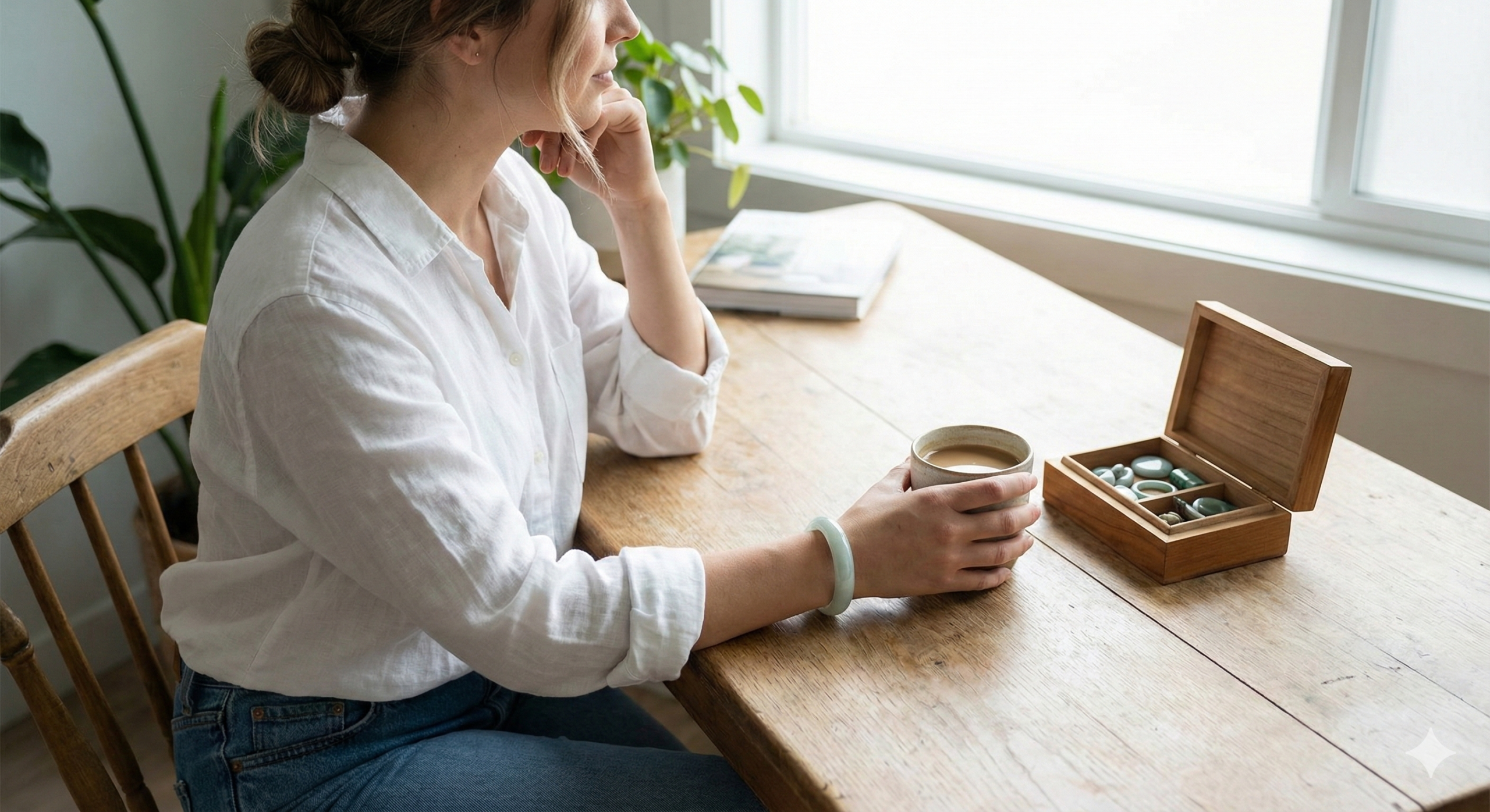 Woman in a simple everyday outfit wearing a single jadeite jade bangle while reaching for a small jewelry box