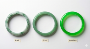 Three jadeite jade bangles showing different levels of color and translucency from basic to premium quality