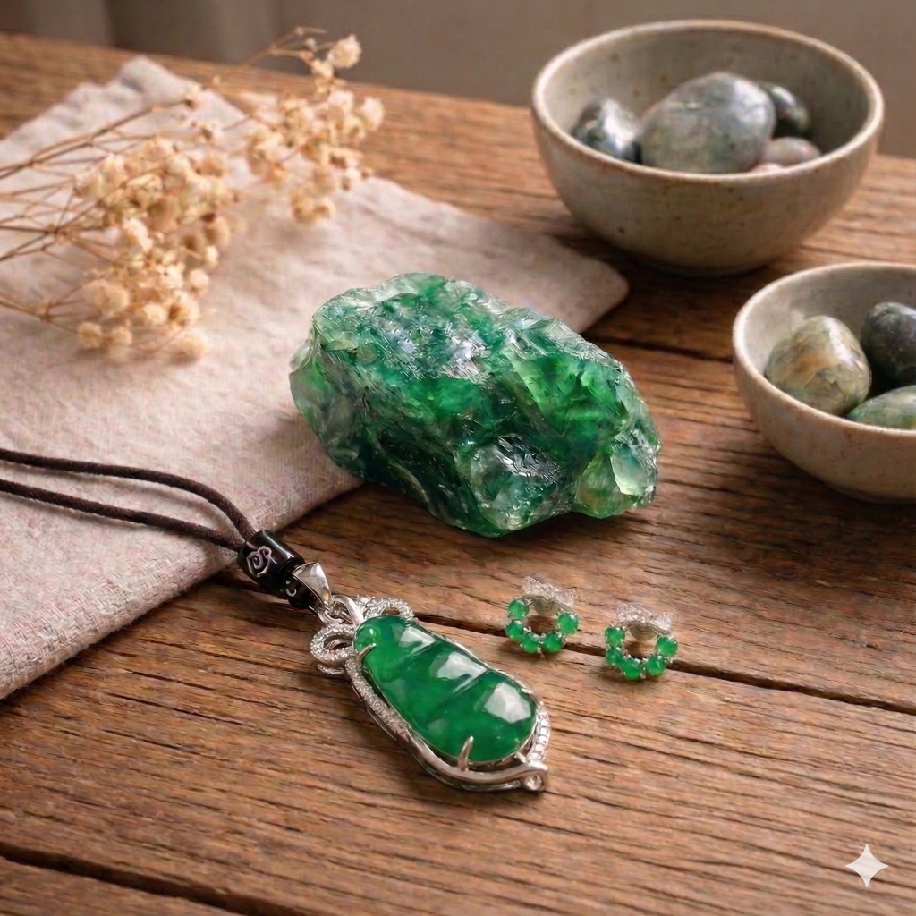 Natural stone jewelry displayed in soft daylight, with jadeite pieces gently highlighted by subtle reflections, creating a calm and authentic editorial composition.